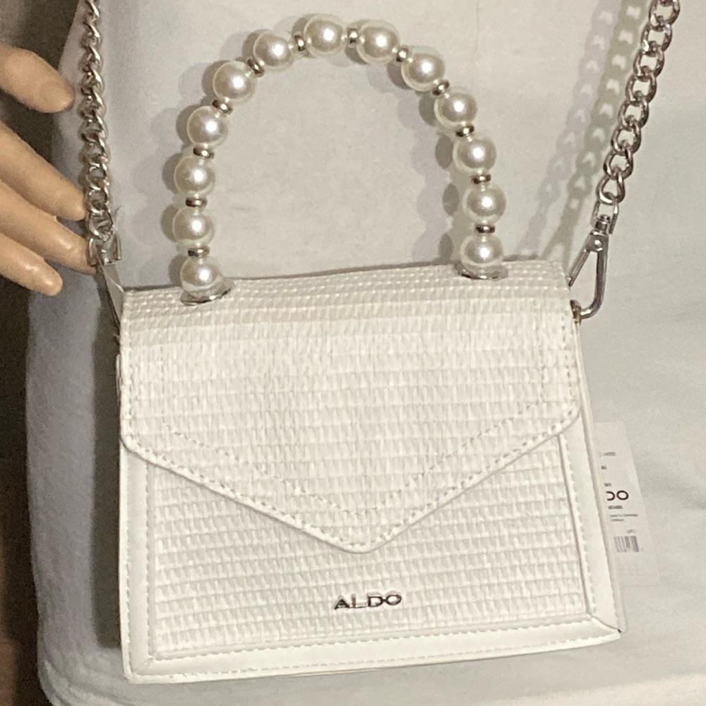 NEW $75 Aldo Turgai White Woven Faux Pearl Handle Mini Crossbody